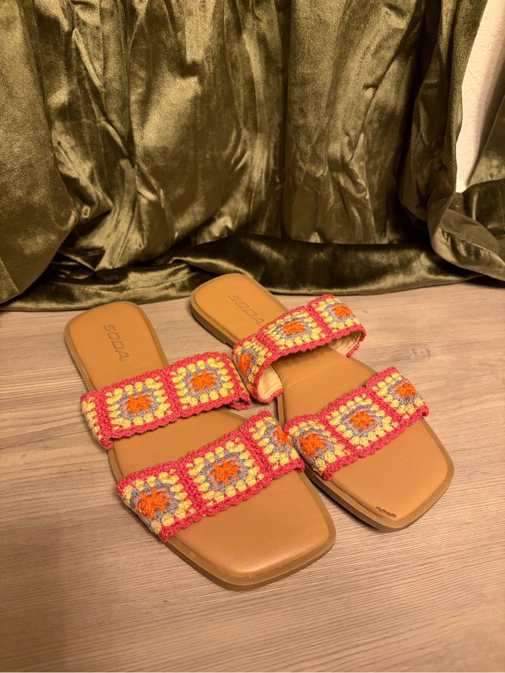 Soda Crochet Double-Strap Slide Sandals in Pink, Orange and Tan